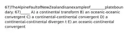 67)TheAlpineFaultofNewZealandisanexampleof________plateboundary. 67)_____ A) a continental transform B) an oceanic-oceanic convergent C) a continental-continental convergent D) a continental-continental divergen t E) an oceanic-continental convergent