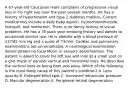 A 67-year-old Caucasian male complains of progressive visual loss in his right eye over the past several months. He has a history of hypertension and type 2 diabetes mellitus. Current medications include a daily baby aspirin, hydrochlorothiazide, lisinopril, and metformin. There is no family history of visual problems. He has a 35 pack year smoking history and admits to occasional alcohol use. He is afebrile with a blood pressure of 137/82 mm Hg and a pulse of 73/min. Cardiac and pulmonary examinations are unremarkable. A neurological examination demonstrates no focal Motor or sensory abnormalities. The patient is asked to cover his left eye and look at a small spot on a grid made of parallel vertical and horizontal lines. He describes the vertical lines as being bent and wavy. Which of the following is the most likely cause of this patient's condition? A. Lens opacity B. Enlarged blind spot C. Increased intraocular pressure D. Macular degeneration E. Peripheral retinal degeneration