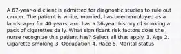 A 67-year-old client is admitted for diagnostic studies to rule out cancer. The patient is white, married, has been employed as a landscaper for 40 years, and has a 36-year history of smoking a pack of cigarettes daily. What significant risk factors does the nurse recognize this patient has? Select all that apply. 1. Age 2. Cigarette smoking 3. Occupation 4. Race 5. Marital status