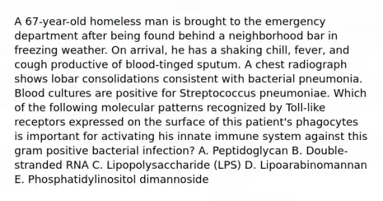 A 67-year-old homeless man is brought to the emergency department after being found behind a neighborhood bar in freezing weather. On arrival, he has a shaking chill, fever, and cough productive of blood-tinged sputum. A chest radiograph shows lobar consolidations consistent with bacterial pneumonia. Blood cultures are positive for Streptococcus pneumoniae. Which of the following molecular patterns recognized by Toll-like receptors expressed on the surface of this patient's phagocytes is important for activating his innate immune system against this gram positive bacterial infection? A. Peptidoglycan B. Double-stranded RNA C. Lipopolysaccharide (LPS) D. Lipoarabinomannan E. Phosphatidylinositol dimannoside