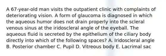 A 67-year-old man visits the outpatient clinic with complaints of deteriorating vision. A form of glaucoma is diagnosed in which the aqueous humor does not drain properly into the scleral venous sinus at the iridoscleral angle of the eyeball. The aqueous fluid is secreted by the epithelium of the ciliary body directly into which of the following spaces? A. Iridoscleral angle B. Posterior chamber C. Pupil D. Vitreous body E. Lacrimal sac