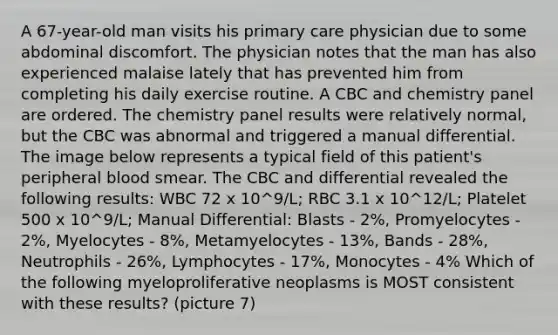 A 67-year-old man visits his primary care physician due to some abdominal discomfort. The physician notes that the man has also experienced malaise lately that has prevented him from completing his daily exercise routine. A CBC and chemistry panel are ordered. The chemistry panel results were relatively normal, but the CBC was abnormal and triggered a manual differential. The image below represents a typical field of this patient's peripheral blood smear. The CBC and differential revealed the following results: WBC 72 x 10^9/L; RBC 3.1 x 10^12/L; Platelet 500 x 10^9/L; Manual Differential: Blasts - 2%, Promyelocytes - 2%, Myelocytes - 8%, Metamyelocytes - 13%, Bands - 28%, Neutrophils - 26%, Lymphocytes - 17%, Monocytes - 4% Which of the following myeloproliferative neoplasms is MOST consistent with these results? (picture 7)