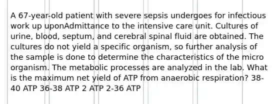 A 67-year-old patient with severe sepsis undergoes for infectious work up uponAdmittance to the intensive care unit. Cultures of urine, blood, septum, and cerebral spinal fluid are obtained. The cultures do not yield a specific organism, so further analysis of the sample is done to determine the characteristics of the micro organism. The metabolic processes are analyzed in the lab. What is the maximum net yield of ATP from anaerobic respiration? 38-40 ATP 36-38 ATP 2 ATP 2-36 ATP