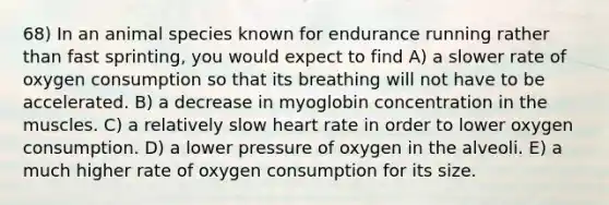 68) In an animal species known for endurance running rather than fast sprinting, you would expect to find A) a slower rate of oxygen consumption so that its breathing will not have to be accelerated. B) a decrease in myoglobin concentration in the muscles. C) a relatively slow heart rate in order to lower oxygen consumption. D) a lower pressure of oxygen in the alveoli. E) a much higher rate of oxygen consumption for its size.