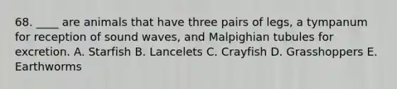 68. ____ are animals that have three pairs of legs, a tympanum for reception of sound waves, and Malpighian tubules for excretion. A. Starfish B. Lancelets C. Crayfish D. Grasshoppers E. Earthworms