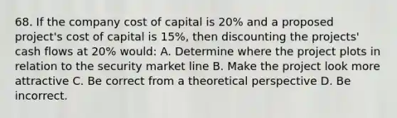 68. If the company cost of capital is 20% and a proposed project's cost of capital is 15%, then discounting the projects' cash flows at 20% would: A. Determine where the project plots in relation to the security market line B. Make the project look more attractive C. Be correct from a theoretical perspective D. Be incorrect.