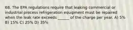 68. The EPA regulations require that leaking commercial or industrial process refrigeration equipment must be repaired when the leak rate exceeds ______ of the charge per year. A) 5% B) 15% C) 25% D) 35%