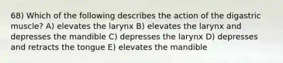 68) Which of the following describes the action of the digastric muscle? A) elevates the larynx B) elevates the larynx and depresses the mandible C) depresses the larynx D) depresses and retracts the tongue E) elevates the mandible