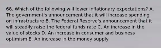 68. Which of the following will lower inflationary expectations? A. The government's announcement that it will increase spending on infrastructure B. The Federal Reserve's announcement that it will steadily raise the federal funds rate C. An increase in the value of stocks D. An increase in consumer and business optimism E. An increase in the money supply