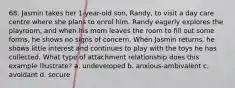 68. Jasmin takes her 1-year-old son, Randy, to visit a day care centre where she plans to enrol him. Randy eagerly explores the playroom, and when his mom leaves the room to fill out some forms, he shows no signs of concern. When Jasmin returns, he shows little interest and continues to play with the toys he has collected. What type of attachment relationship does this example illustrate? a. undeveloped b. anxious-ambivalent c. avoidant d. secure