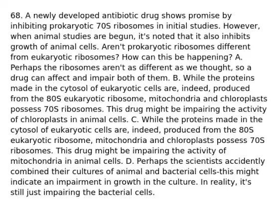 68. A newly developed antibiotic drug shows promise by inhibiting prokaryotic 70S ribosomes in initial studies. However, when animal studies are begun, it's noted that it also inhibits growth of animal cells. Aren't prokaryotic ribosomes different from eukaryotic ribosomes? How can this be happening? A. Perhaps the ribosomes aren't as different as we thought, so a drug can affect and impair both of them. B. While the proteins made in the cytosol of eukaryotic cells are, indeed, produced from the 80S eukaryotic ribosome, mitochondria and chloroplasts possess 70S ribosomes. This drug might be impairing the activity of chloroplasts in animal cells. C. While the proteins made in the cytosol of eukaryotic cells are, indeed, produced from the 80S eukaryotic ribosome, mitochondria and chloroplasts possess 70S ribosomes. This drug might be impairing the activity of mitochondria in animal cells. D. Perhaps the scientists accidently combined their cultures of animal and bacterial cells-this might indicate an impairment in growth in the culture. In reality, it's still just impairing the bacterial cells.