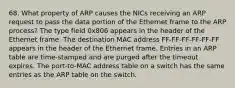 68. What property of ARP causes the NICs receiving an ARP request to pass the data portion of the Ethernet frame to the ARP process? The type field 0x806 appears in the header of the Ethernet frame. The destination MAC address FF-FF-FF-FF-FF-FF appears in the header of the Ethernet frame. Entries in an ARP table are time-stamped and are purged after the timeout expires. The port-to-MAC address table on a switch has the same entries as the ARP table on the switch.