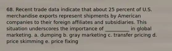 68. Recent trade data indicate that about 25 percent of U.S. merchandise exports represent shipments by American companies to their foreign affiliates and subsidiaries. This situation underscores the importance of __________ in global marketing. a. dumping b. gray marketing c. transfer pricing d. price skimming e. price fixing