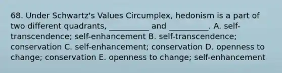 68. Under Schwartz's Values Circumplex, hedonism is a part of two different quadrants, __________ and __________. A. self-transcendence; self-enhancement B. self-transcendence; conservation C. self-enhancement; conservation D. openness to change; conservation E. openness to change; self-enhancement