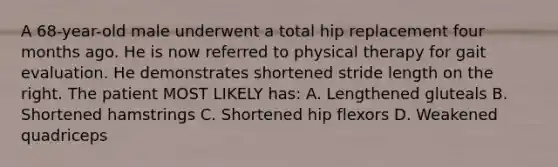 A 68-year-old male underwent a total hip replacement four months ago. He is now referred to physical therapy for gait evaluation. He demonstrates shortened stride length on the right. The patient MOST LIKELY has: A. Lengthened gluteals B. Shortened hamstrings C. Shortened hip flexors D. Weakened quadriceps