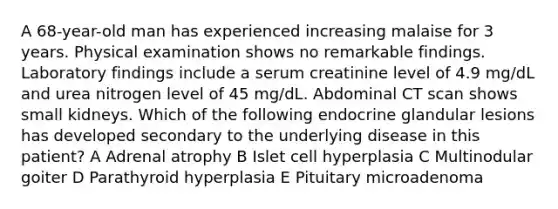 A 68-year-old man has experienced increasing malaise for 3 years. Physical examination shows no remarkable findings. Laboratory findings include a serum creatinine level of 4.9 mg/dL and urea nitrogen level of 45 mg/dL. Abdominal CT scan shows small kidneys. Which of the following endocrine glandular lesions has developed secondary to the underlying disease in this patient? A Adrenal atrophy B Islet cell hyperplasia C Multinodular goiter D Parathyroid hyperplasia E Pituitary microadenoma