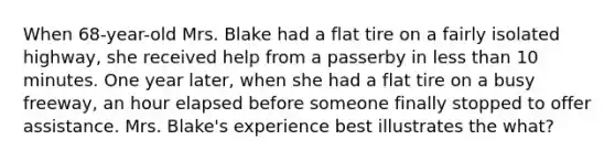 When 68-year-old Mrs. Blake had a flat tire on a fairly isolated highway, she received help from a passerby in <a href='https://www.questionai.com/knowledge/k7BtlYpAMX-less-than' class='anchor-knowledge'>less than</a> 10 minutes. One year later, when she had a flat tire on a busy freeway, an hour elapsed before someone finally stopped to offer assistance. Mrs. Blake's experience best illustrates the what?