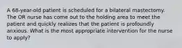 A 68-year-old patient is scheduled for a bilateral mastectomy. The OR nurse has come out to the holding area to meet the patient and quickly realizes that the patient is profoundly anxious. What is the most appropriate intervention for the nurse to apply?