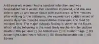 A 68-year-old woman had a cerebral infarction and was hospitalized for 3 weeks. Her condition improved, and she was able to get up and move about with assistance. A few minutes after walking to the bathroom, she experienced sudden onset of severe dyspnea. Despite resuscitative measures, she died 30 minutes later. The major autopsy finding is shown in the figure. Which of the following is the most likely mechanism for sudden death in this patient? □ (A) Atelectasis □ (B) Hemorrhage □ (C) Acute right-sided heart failure □ (D) Bronchoconstriction □ (E) Edema