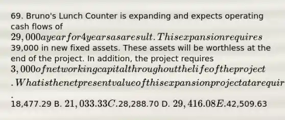 69. Bruno's Lunch Counter is expanding and expects operating cash flows of 29,000 a year for 4 years as a result. This expansion requires39,000 in new fixed assets. These assets will be worthless at the end of the project. In addition, the project requires 3,000 of net working capital throughout the life of the project. What is the net present value of this expansion project at a required rate of return of 15 percent? A.18,477.29 B. 21,033.33 C.28,288.70 D. 29,416.08 E.42,509.63