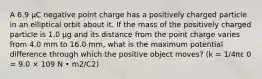 A 6.9 μC negative point charge has a positively charged particle in an elliptical orbit about it. If the mass of the positively charged particle is 1.0 μg and its distance from the point charge varies from 4.0 mm to 16.0 mm, what is the maximum potential difference through which the positive object moves? (k = 1/4πε 0 = 9.0 × 109 N • m2/C2)