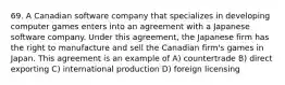 69. A Canadian software company that specializes in developing computer games enters into an agreement with a Japanese software company. Under this agreement, the Japanese firm has the right to manufacture and sell the Canadian firm's games in Japan. This agreement is an example of A) countertrade B) direct exporting C) international production D) foreign licensing