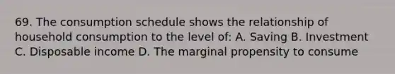 69. The consumption schedule shows the relationship of household consumption to the level of: A. Saving B. Investment C. Disposable income D. The marginal propensity to consume