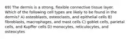 69) The dermis is a strong, flexible connective tissue layer. Which of the following cell types are likely to be found in the dermis? A) osteoblasts, osteoclasts, and epithelial cells B) fibroblasts, macrophages, and mast cells C) goblet cells, parietal cells, and Kupffer cells D) monocytes, reticulocytes, and osteocytes