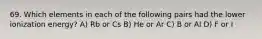 69. Which elements in each of the following pairs had the lower ionization energy? A) Rb or Cs B) He or Ar C) B or Al D) F or I