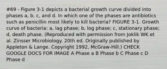 #69 - Figure 3-1 depicts a bacterial growth curve divided into phases a, b, c, and d. In which one of the phases are antibiotics such as penicillin most likely to kill bacteria? FIGURE 3-1. Growth curve of bacteria: a, lag phase; b, log phase; c, stationary phase; d, death phase. (Reproduced with permission from Joklik WK et al. Zinsser Microbiology. 20th ed. Originally published by Appleton & Lange. Copyright 1992, McGraw-Hill.) CHECK GOOGLE DOCS FOR IMAGE A Phase a B Phase b C Phase c D Phase d