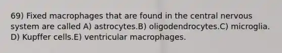 69) Fixed macrophages that are found in the central nervous system are called A) astrocytes.B) oligodendrocytes.C) microglia. D) Kupffer cells.E) ventricular macrophages.