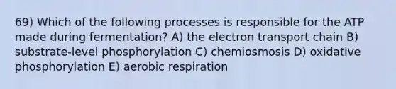 69) Which of the following processes is responsible for the ATP made during fermentation? A) <a href='https://www.questionai.com/knowledge/k57oGBr0HP-the-electron-transport-chain' class='anchor-knowledge'>the electron transport chain</a> B) substrate-level phosphorylation C) chemiosmosis D) <a href='https://www.questionai.com/knowledge/kFazUb9IwO-oxidative-phosphorylation' class='anchor-knowledge'>oxidative phosphorylation</a> E) aerobic respiration