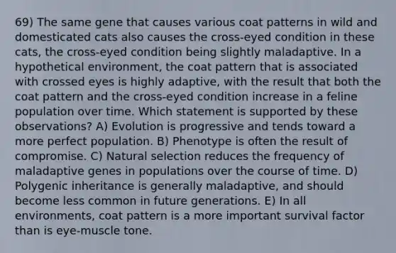 69) The same gene that causes various coat patterns in wild and domesticated cats also causes the cross-eyed condition in these cats, the cross-eyed condition being slightly maladaptive. In a hypothetical environment, the coat pattern that is associated with crossed eyes is highly adaptive, with the result that both the coat pattern and the cross-eyed condition increase in a feline population over time. Which statement is supported by these observations? A) Evolution is progressive and tends toward a more perfect population. B) Phenotype is often the result of compromise. C) Natural selection reduces the frequency of maladaptive genes in populations over the course of time. D) Polygenic inheritance is generally maladaptive, and should become less common in future generations. E) In all environments, coat pattern is a more important survival factor than is eye-muscle tone.