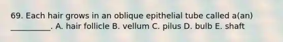 69. Each hair grows in an oblique epithelial tube called a(an) __________. A. hair follicle B. vellum C. pilus D. bulb E. shaft