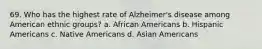 69. Who has the highest rate of Alzheimer's disease among American ethnic groups? a. African Americans b. Hispanic Americans c. Native Americans d. Asian Americans