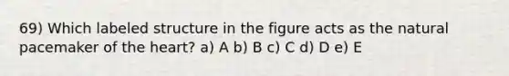 69) Which labeled structure in the figure acts as the natural pacemaker of the heart? a) A b) B c) C d) D e) E