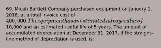 69. Micah Bartlett Company purchased equipment on January 1, 2016, at a total invoice cost of 400,000. The equipment has an estimated salvage value of10,000 and an estimated useful life of 5 years. The amount of accumulated depreciation at December 31, 2017, if the straight-line method of depreciation is used, is: