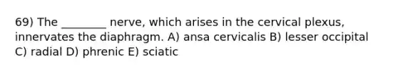 69) The ________ nerve, which arises in the cervical plexus, innervates the diaphragm. A) ansa cervicalis B) lesser occipital C) radial D) phrenic E) sciatic