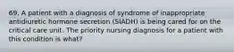 69. A patient with a diagnosis of syndrome of inappropriate antidiuretic hormone secretion (SIADH) is being cared for on the critical care unit. The priority nursing diagnosis for a patient with this condition is what?