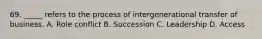 69. _____ refers to the process of intergenerational transfer of business. A. Role conflict B. Succession C. Leadership D. Access