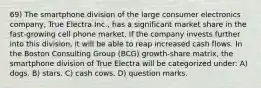 69) The smartphone division of the large consumer electronics company, True Electra Inc., has a significant market share in the fast-growing cell phone market. If the company invests further into this division, it will be able to reap increased cash flows. In the Boston Consulting Group (BCG) growth-share matrix, the smartphone division of True Electra will be categorized under: A) dogs. B) stars. C) cash cows. D) question marks.