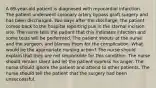 A 69-year-old patient is diagnosed with myocardial infarction. The patient underwent coronary artery bypass graft surgery and has been discharged. Two days after the discharge, the patient comes back to the hospital reporting pus in the sternal incision site. The nurse tells the patient that this indicates infection and some tests will be performed. The patient shouts at the nurse and the surgeon, and blames them for the complication. What would be the appropriate nursing action? The nurse should explain that they are not responsible for this condition. The nurse should remain silent and let the patient express his anger. The nurse should ignore the patient and attend to other patients. The nurse should tell the patient that the surgery had been unsuccessful.