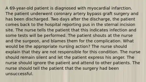 A 69-year-old patient is diagnosed with myocardial infarction. The patient underwent coronary artery bypass graft surgery and has been discharged. Two days after the discharge, the patient comes back to the hospital reporting pus in the sternal incision site. The nurse tells the patient that this indicates infection and some tests will be performed. The patient shouts at the nurse and the surgeon, and blames them for the complication. What would be the appropriate nursing action? The nurse should explain that they are not responsible for this condition. The nurse should remain silent and let the patient express his anger. The nurse should ignore the patient and attend to other patients. The nurse should tell the patient that the surgery had been unsuccessful.