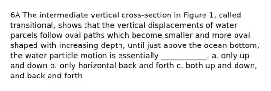 6A The intermediate vertical cross-section in Figure 1, called transitional, shows that the vertical displacements of water parcels follow oval paths which become smaller and more oval shaped with increasing depth, until just above the ocean bottom, the water particle motion is essentially ____________. a. only up and down b. only horizontal back and forth c. both up and down, and back and forth