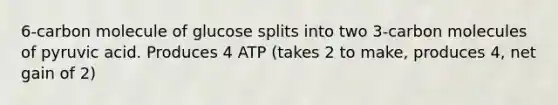 6-carbon molecule of glucose splits into two 3-carbon molecules of pyruvic acid. Produces 4 ATP (takes 2 to make, produces 4, net gain of 2)