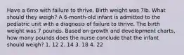 Have a 6mo with failure to thrive. Birth weight was 7lb. What should they weigh? A 6-month-old infant is admitted to the pediatric unit with a diagnosis of failure to thrive. The birth weight was 7 pounds. Based on growth and development charts, how many pounds does the nurse conclude that the infant should weigh? 1. 12 2. 14 3. 18 4. 22