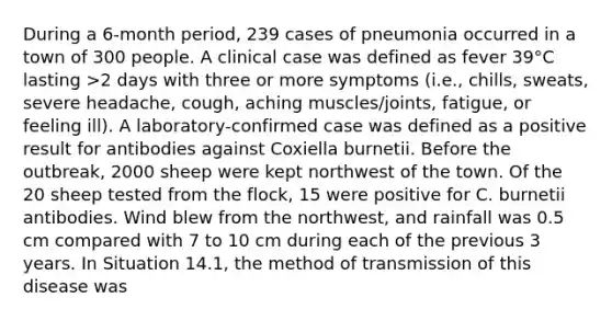 During a 6-month period, 239 cases of pneumonia occurred in a town of 300 people. A clinical case was defined as fever 39°C lasting >2 days with three or more symptoms (i.e., chills, sweats, severe headache, cough, aching muscles/joints, fatigue, or feeling ill). A laboratory-confirmed case was defined as a positive result for antibodies against Coxiella burnetii. Before the outbreak, 2000 sheep were kept northwest of the town. Of the 20 sheep tested from the flock, 15 were positive for C. burnetii antibodies. Wind blew from the northwest, and rainfall was 0.5 cm compared with 7 to 10 cm during each of the previous 3 years. In Situation 14.1, the method of transmission of this disease was