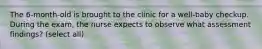 The 6-month-old is brought to the clinic for a well-baby checkup. During the exam, the nurse expects to observe what assessment findings? (select all)