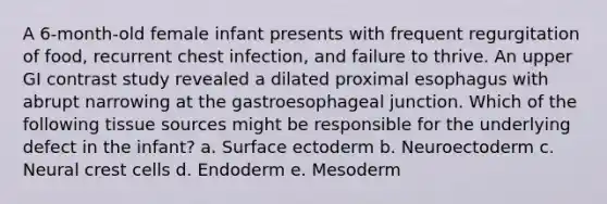 A 6-month-old female infant presents with frequent regurgitation of food, recurrent chest infection, and failure to thrive. An upper GI contrast study revealed a dilated proximal esophagus with abrupt narrowing at the gastroesophageal junction. Which of the following tissue sources might be responsible for the underlying defect in the infant? a. Surface ectoderm b. Neuroectoderm c. Neural crest cells d. Endoderm e. Mesoderm