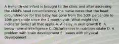 A 6-month-old infant is brought to the clinic and after assessing the child's head circumference, the nurse notes that the head circumference for this baby has gone from the 50th percentile to 10th percentile since the 2-month visit. What might this indicate? Select all that apply. A. A delay in skull growth B. A below-normal intelligence C. Disturbances in nutrition intake D. A problem with brain development E. Issues with physical development